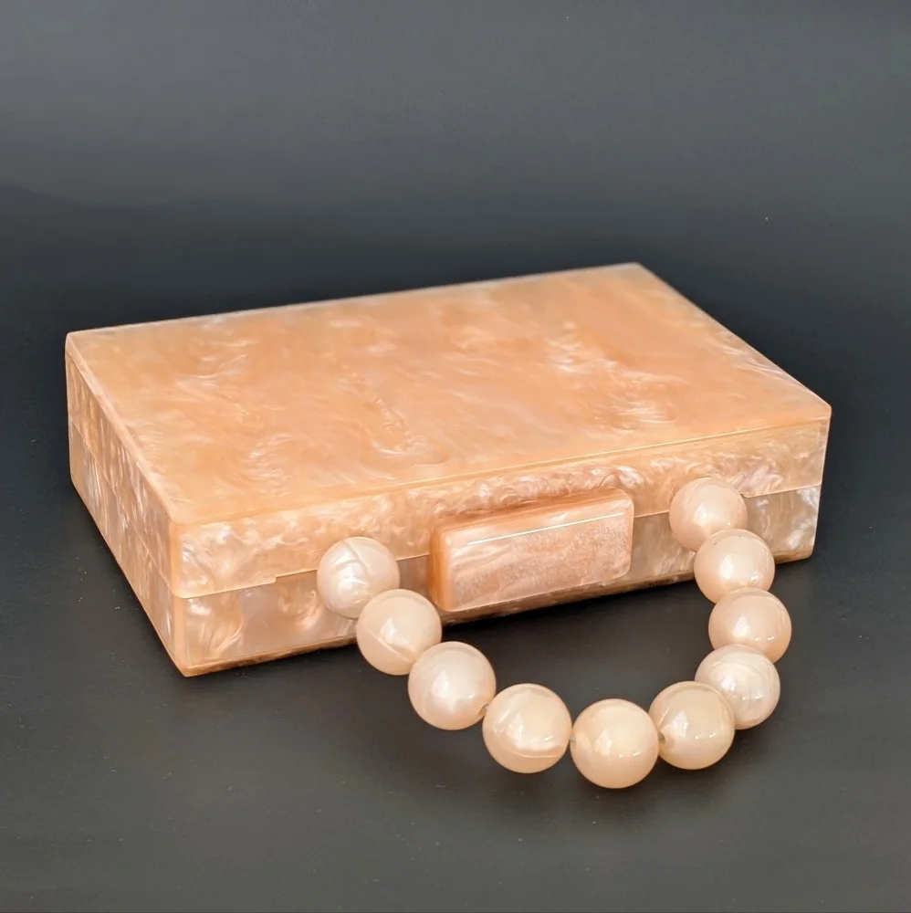 Orange Mother of Pearl Acrylic Box Clutch Purse Chunky Beaded Handle